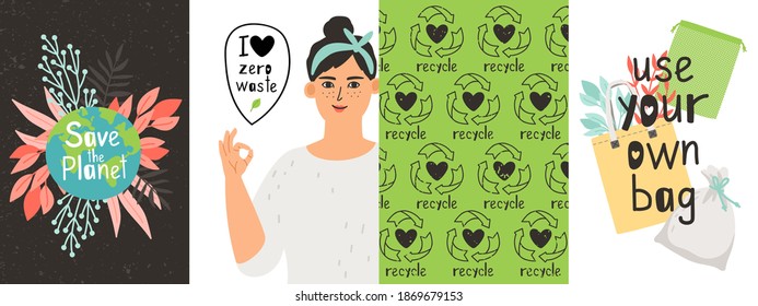 Öko-Poster. Null Abfall, positives Mädchen und wiederverwendbare Artikel. Agitation-Plakate zum grünen Vektorset zu gehen