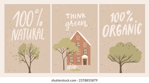 Eco posterswith tree and house, bicycle. Handwritten words 100 natural, organic, think green. Vector environmental design on brown kraft paper