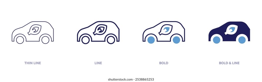 Eco power car icon in 4 different styles. Thin Line, Line, Bold, and Bold Line. Duotone style. Editable stroke.