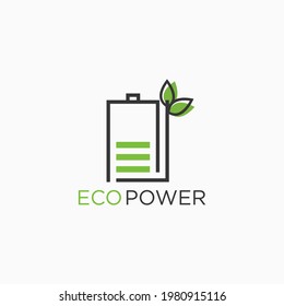 Energía ecológica, energía ecológica. Plantilla de logotipo del vector. Diseño de la plantilla de logotipo de una batería combinada con hojas.