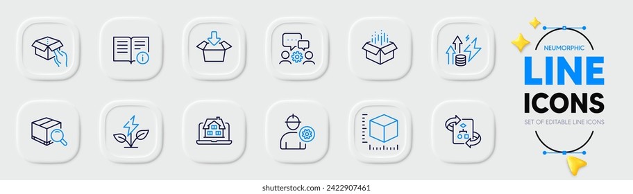 Eco power, Hold box y Get box line iconos para aplicación web. Envase de tamaño de paquete, Algoritmo técnico, iconos del pictograma de Realtor. Equipo de Ingeniería, paquete de búsqueda, señalización de información técnica. Vector