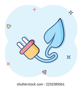Eco power icon in comic style. Green energy cartoon vector illustration on white isolated background. Nature cable splash effect business concept.