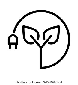 Icono de energía ecológica. Enchufe eléctrico con cable circular y hoja. Estilo de esquema. Aislar sobre fondo blanco.