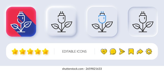 Icono de línea de energía ecológica. Neumórfico, Sombra plana, Botones 3D. Señal de energía eléctrica. Símbolo del enchufe de carga. Icono de energía ecológica de línea. Iconos de redes sociales. Vector