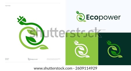 Eco power logo design vector illustration element editable, icon energy saving electrical, power plug sign with leaf or leaves for electric charger concept and green color for ecology nature.
