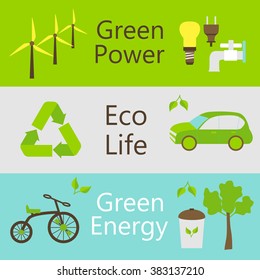 Eco power objects colorful web banners set. Vector illustration of ecology and green power templates.