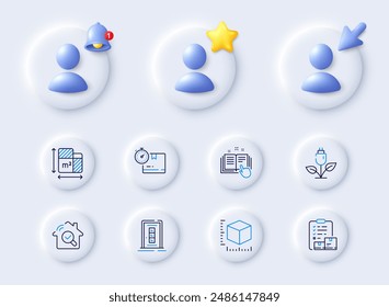 Eco power, Package size and Inspect line icons. Placeholder with 3d cursor, bell, star. Pack of Door, Inventory checklist, Floor plan icon. Technical documentation, Cardboard box pictogram. Vector