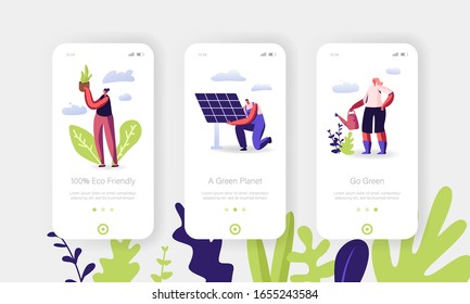 Eco Power of Sun, Green Energy Mobile App Page Onboard Screen Set. Man Set Up Solar Panel, Women Growing Plants. Earth Conservation Concept for Website or Web Page. Cartoon Flat Vector Illustration