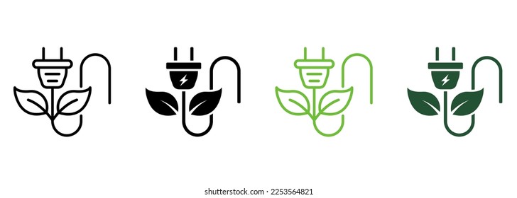 Eco Power Sustainable Technology Line and Silhouette Icon Color Set. Green Energy Electric Plug with Leaf. Renewable Electricity Resource Ecology Symbol Collection. Isolated Vector Illustration.