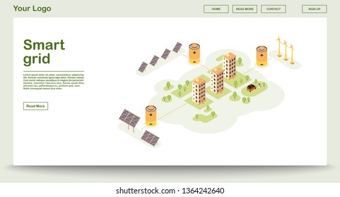 Eco power webpage vector template with isometric illustration. Smart grid. Solar, wind electricity. Renewable energy source. Eco buildings. Website interface design. Webpage, mobile app 3d concept
