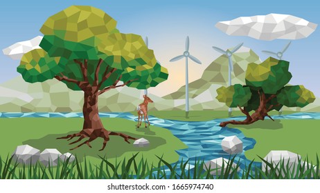 Eco PowerPolygon Vector Ecología de parques eólicos utiliza energía alternativa de muchas fuentes como la energía eólica de prados y ríos, energía eólica. Con la cierva parada al lado del agua.