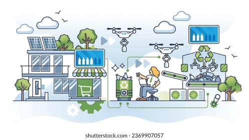 Prácticas ecológicas que hacen hincapié en el concepto de balance de carbono y esquema de reciclado. Reducción de CO2 con control de fabricación de plástico e ilustración vectorial de conciencia de cero desechos. Uso responsable de los recursos.