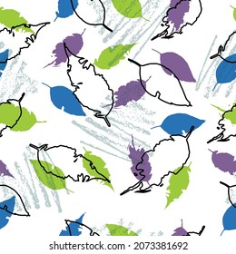 Eco print from autumn leaves. Beautiful texture for textile or paper print. Vector illustration. Cute colorful background.