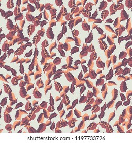 Eco print from autumn leaves. Seamless floral pattern in leaves of ash, birch. Nature simple background for fabric, cloth design, covers, manufacturing, wallpapers, print, gift wrap and scrapbooking.