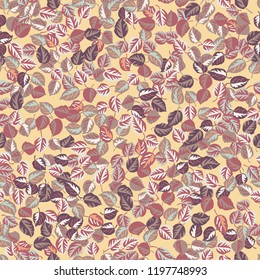 Eco print from autumn leaves. Seamless floral pattern in leaves of ash, birch. Nature simple background for fabric, cloth design, covers, manufacturing, wallpapers, print, gift wrap and scrapbooking.