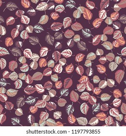 Eco print from autumn leaves. Seamless floral pattern in leaves of ash, birch. Nature simple background for fabric, cloth design, covers, manufacturing, wallpapers, print, gift wrap and scrapbooking.