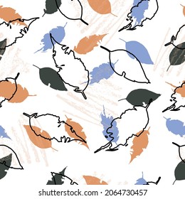 Eco print from autumn leaves. Seamless floral pattern in leaves of ash, birch. Nature simple background for fabric, cloth design, covers, manufacturing, wallpapers, print, gift wrap and scrapbooking.