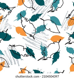 Eco print from autumn leaves. Seamless floral pattern in leaves of ash, birch. Vector illustration. Cute colorful background.