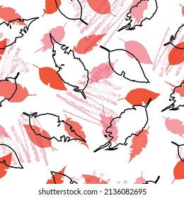 Eco print from autumn leaves. Seamless floral pattern in leaves of ash, birch. Vector illustration. Cute colorful background.