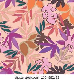 Eco print from autumn leaves. Seamless floral pattern in leaves of ash, birch. Vector illustration. Cute colorful background.