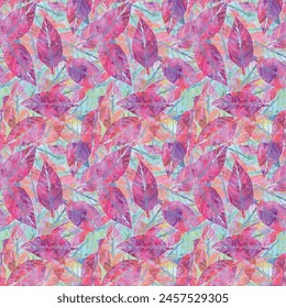 Eco print from autumn leaves. Seamless floral pattern in leaves of ash, birch. Nature simple background for fabric, cloth design, covers, manufacturing, wallpapers, print, gift wrap and scrapbooking.