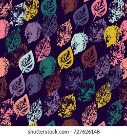 Eco print from autumn leaves. Seamless floral pattern in leaves of ash, birch. Nature simple background for fabric, cloth design, covers, manufacturing, wallpapers, print, gift wrap and scrapbooking.