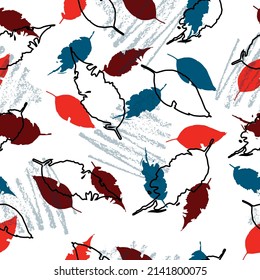 Eco print from autumn leaves. Tropical palm leaf seamless pattern Vector illustration. Cute colorful background.