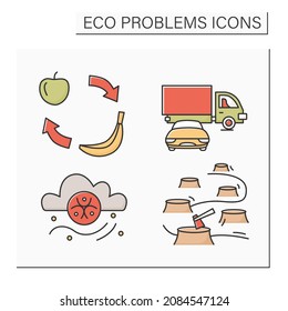 Eco Problems Color Icons Set. Environmental Dangers. Food Change, Cars For Delivery, Deforestation, Ozone Layer. Isolated Vector Illustrations