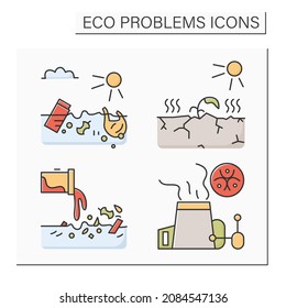 Eco problems color icons set. Environmental dangers. Soil eruption, ocean trash, carbon emission and water pollution. Isolated vector illustrations