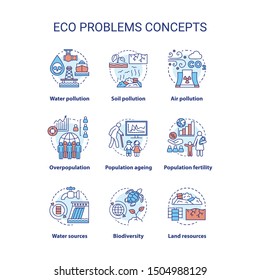 Eco problems concept icons set. Ecological disaster idea thin line illustrations. Pollution of water, soil & air. Overpopulation and biodiversity. Vector isolated outline drawings. Editable stroke