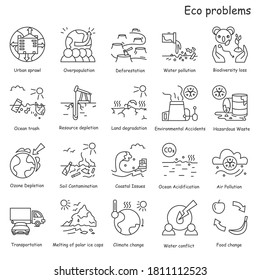 Eco problems icons set. Environmental dangers line pictograms. Land and water resources use, impact on ecosystem, wildlife protection and toxic waste pollution illustrations. Editable stroke vector