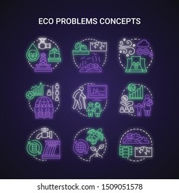 Eco problems neon light concept icons set. Ecological disaster idea. Pollution of water, soil & air. Overpopulation and biodiversity. Reasonable minerals use. Glowing vector isolated illustration