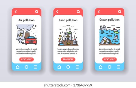 Eco problems on mobile app onboarding screens. Planet pollution. Banners for website on white background and mobile kit development. UI UX GUI template.