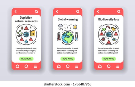 Eco problems on mobile app onboarding screens. Environmental issue. Banners for website on white background and mobile kit development. UI UX GUI template.