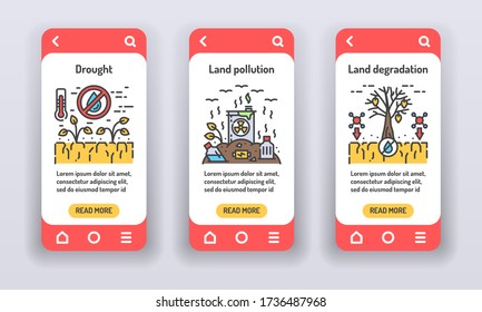Eco problems on mobile app onboarding screens. Environmental issue. Banners for website on white background and mobile kit development. UI UX GUI template.
