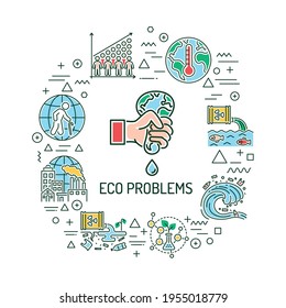 Eco problems web banner. Infographics with linear icons on white background. Creative idea concept. Isolated outline color illustration