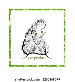 eco product concept, woman like tree holding green leaf sprout, green product eco care idea, vector