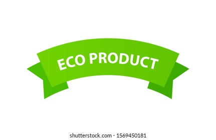 Eco Product, Green Ribbon Label with text isolated on white background. Vector illustration of Green Tag for Food market or Eco Products.