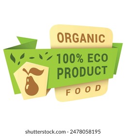 Eco product label organic food ribbon badge design template isometric vector illustration. Bio ecology healthy lifestyle natural environmental friendly go green brand identification certificate
