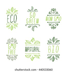 Eco product labels. Suitable for ads, signboards, packaging and identity and web designs. Eco. Go green. Non GMO. GMO free. Natural. Bio.