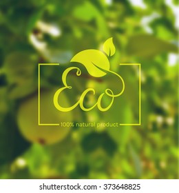 Eco product logo. Template with green leaves and hand drawn lettering on blurred background. Eco label for natural products. Vector illustration.