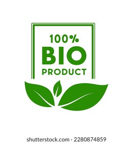 Eco product oraganic 100% icon in green rectangle with three leaves