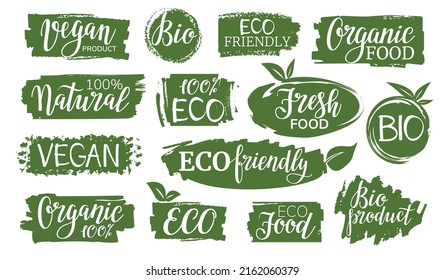 Eco product, organic, natural, bio food green icons. Green labels collection for food market, organic productions promotion. Vector illustration.