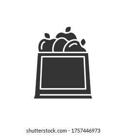 Eco product package apples glyph black icon. Recycle shopping paper bag. Zero waste lifestyle. Eco friendly. Organic, natural material for grocery store. UI UX GUI design element.