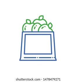 Eco product package with apples line color icon. Recycle shopping paper bag. Zero waste lifestyle. Eco friendly. Organic, natural material for grocery store. UI/UX/GUI design element. Editable stroke.