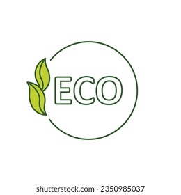 Eco product sticker, label, badge. Ecology icon. Stamp template for organic products with green leaves. Vector illustration isolated on white background