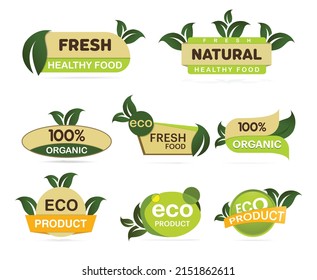 Logo de emoticones de productos ecológicos. Etiqueta de comida sana orgánica, etiquetas, insignia, verduras naturaleza biovegetales símbolos naturales veganos. Diseño vegetariano fresco. EPS10 vectores