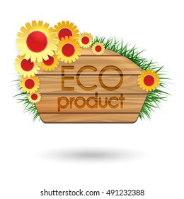 Eco product wood banner with flowers bouquet isolated on white background. Vector illustration