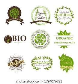 Eco products badges set. Natural organic food, bio products and healthy nutrition isolated stickers. Eco market tag design, veggie market sticker. Vector illustration