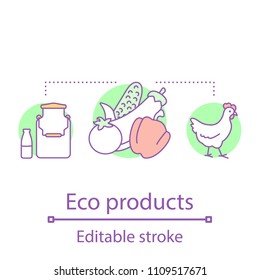 Eco products concept icon. Dairy and poultry farming idea. Thin line illustration. Harvesting. Vegetables. Vector isolated outline drawing. Editable stroke